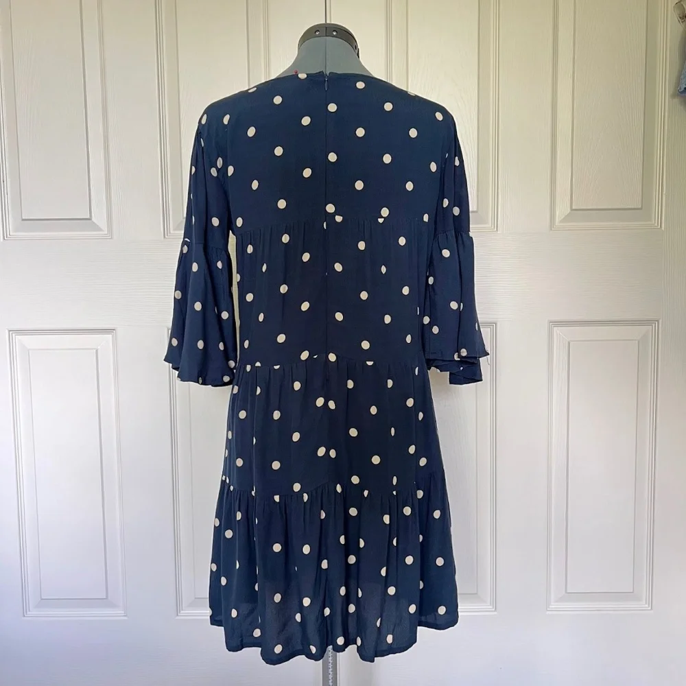 Faithfull the Brand Navy Blue Vintage Fresa White Polka Dot Dress Size 4 - Picture 7 of 12